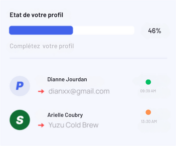 Graphique affichant la progression de la complétion du profil dans l'application, mettant en évidence les étapes franchies et les informations à finaliser pour un profil complet