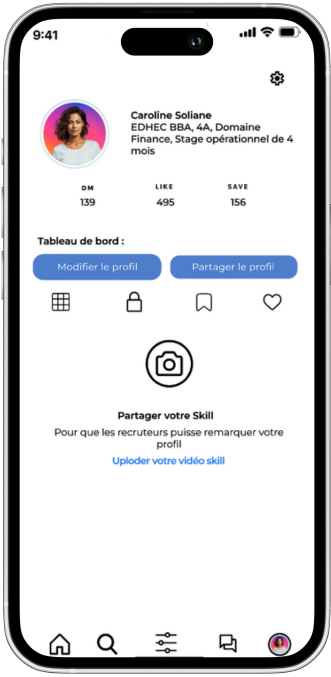Aperçu du design de l'application affichant le profil détaillé des étudiants et recruteurs, facilitant la mise en relation grâce à une interface claire et intuitive