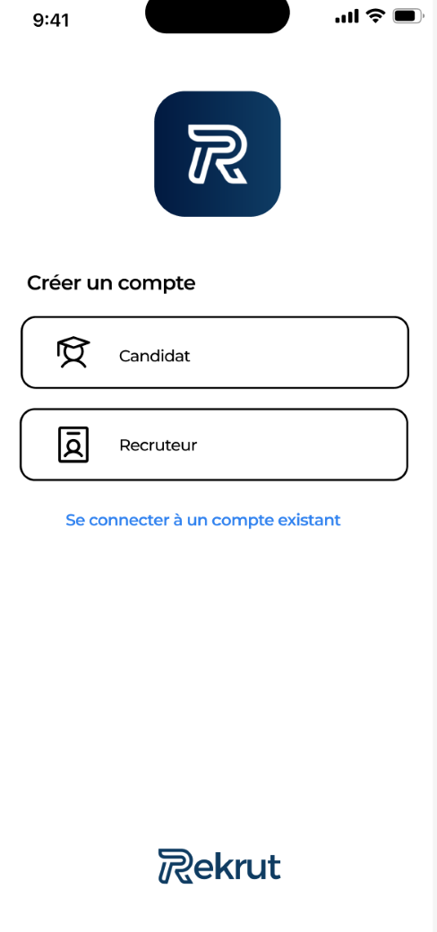 Interface de l'application montrant le processus d'inscription simplifié, avec des étapes claires et intuitives pour rejoindre rapidement la plateforme de recrutement